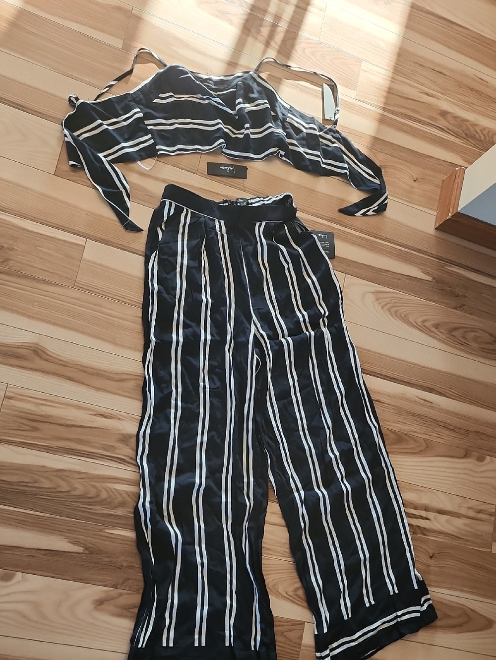 Lulu's Black and White Vertical-Stripe Wide-Leg Pant Top Set